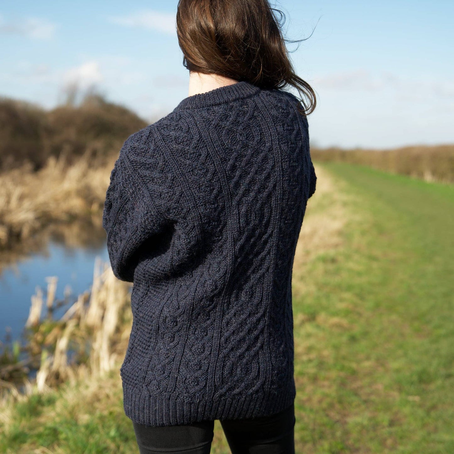 British Wool Aran Cable Jumper - Denim Marl