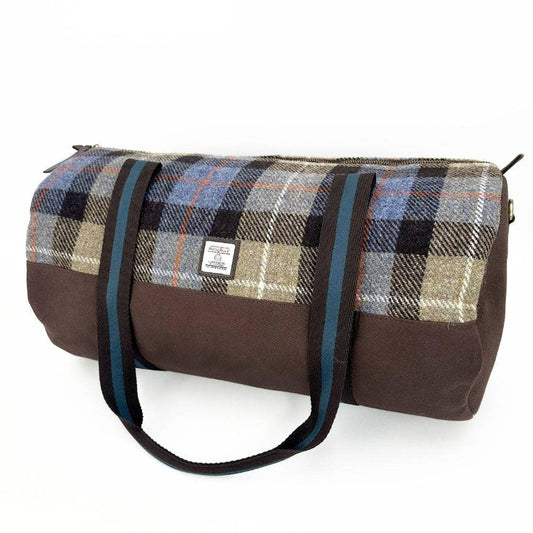 Harris Tweed Barrell Holdall Weekender Bag Blue Brown Check
