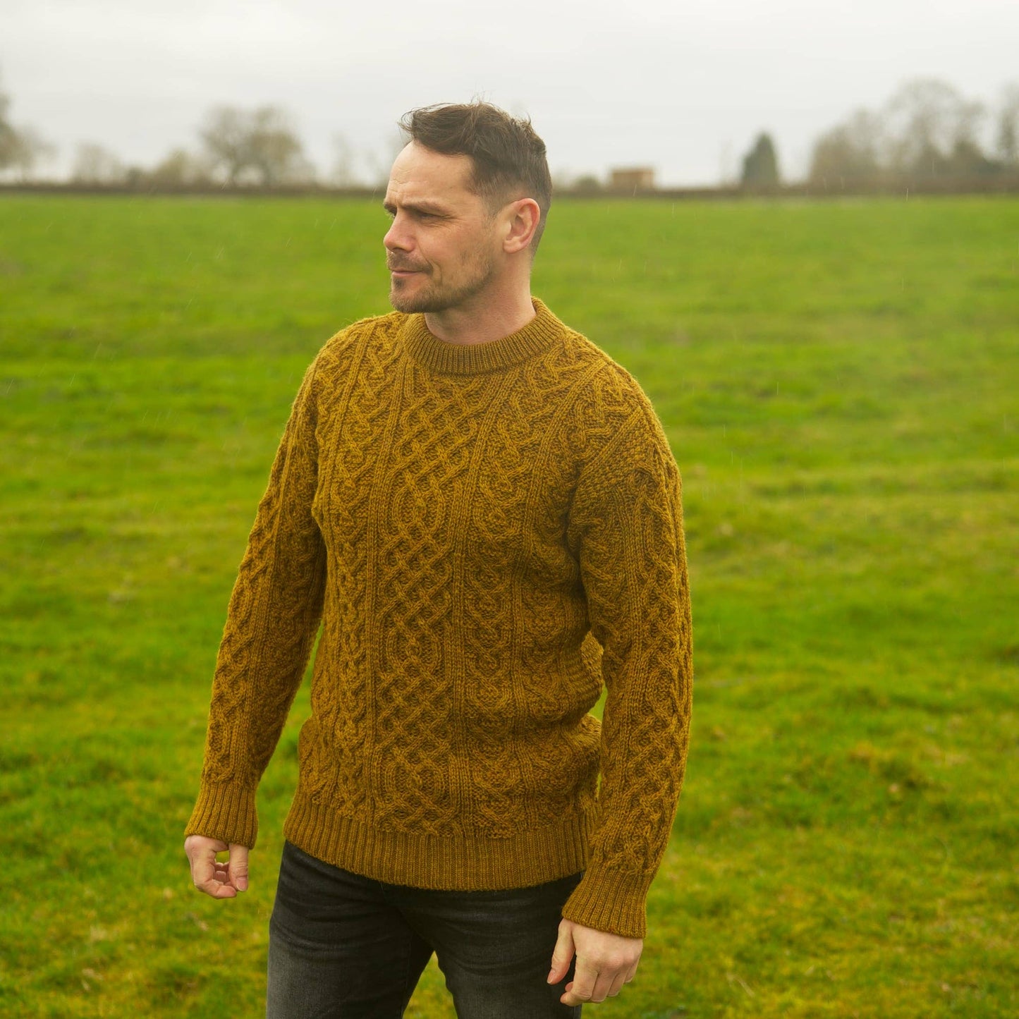 British Wool Aran Cable Jumper - Harvest