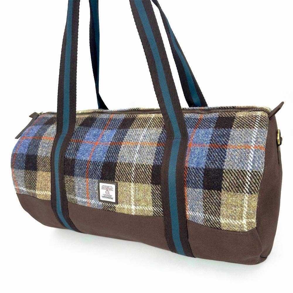Harris Tweed Barrell Holdall Weekender Bag Blue Brown Check