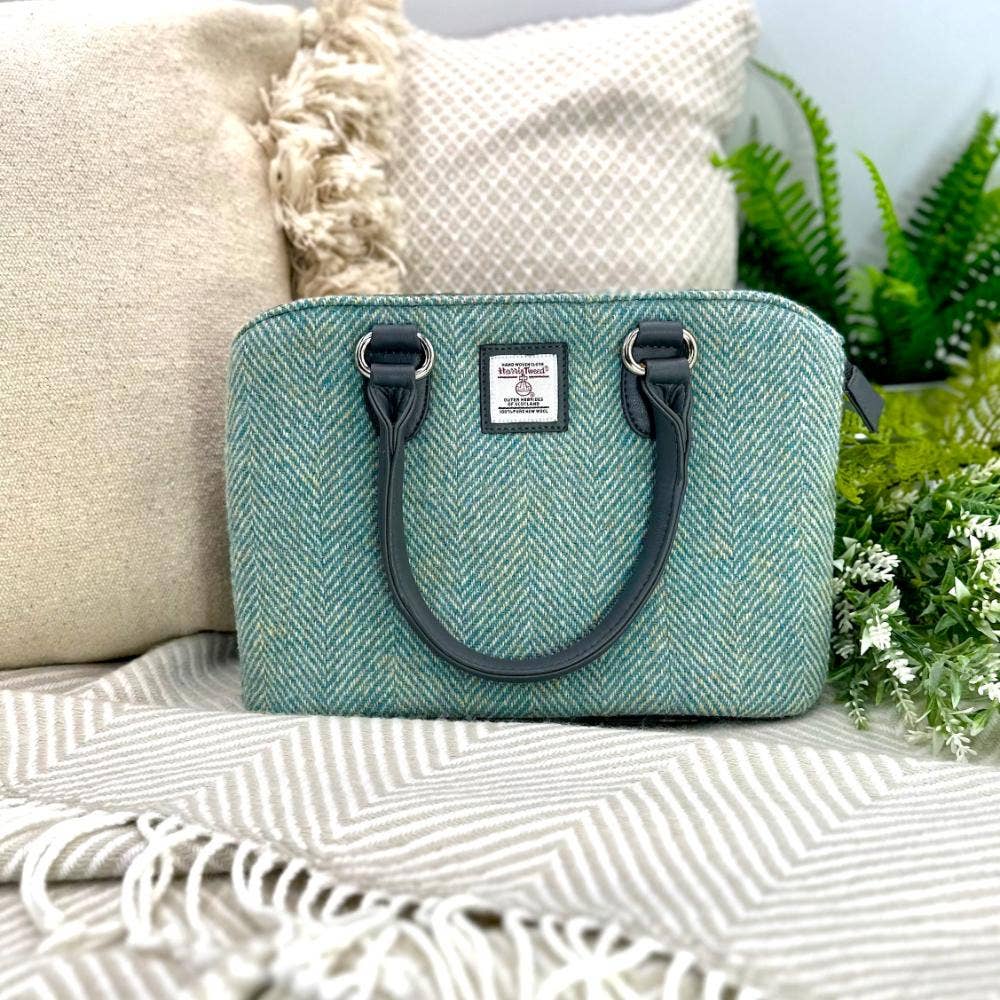 Harris Tweed Top Handle Bag Turquoise Herringbone