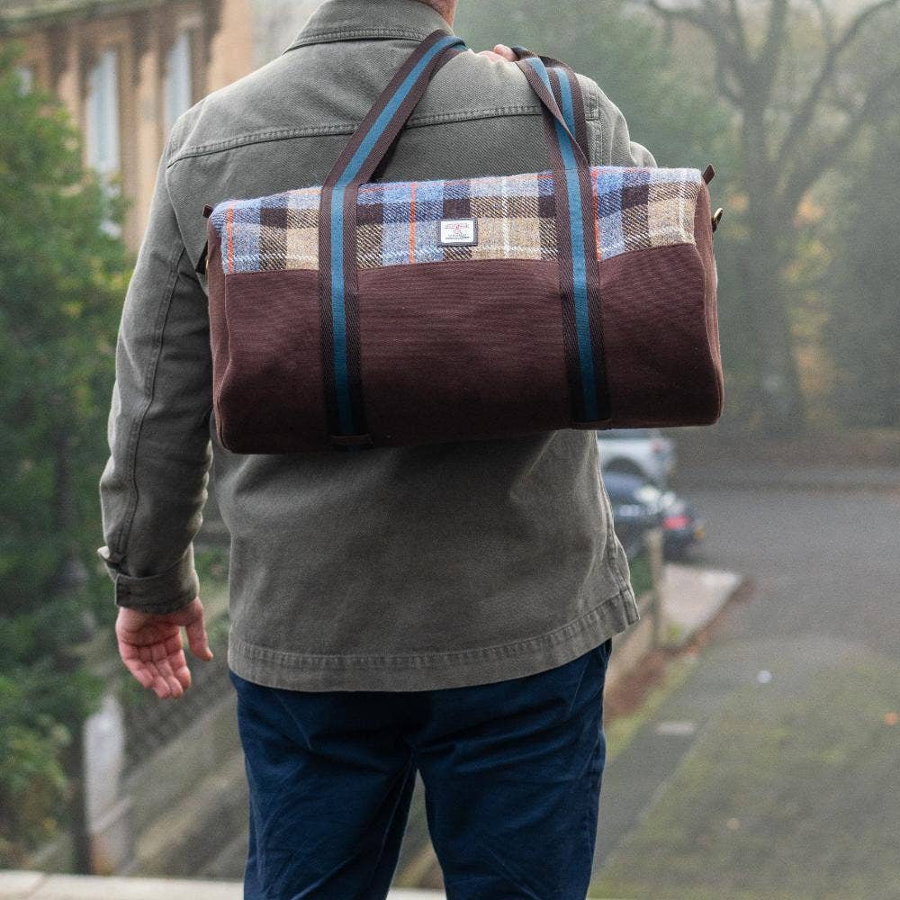 Harris Tweed Barrell Holdall Weekender Bag Blue Brown Check