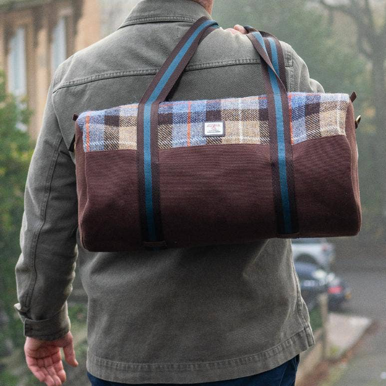Harris Tweed Barrell Holdall Weekender Bag Blue Brown Check