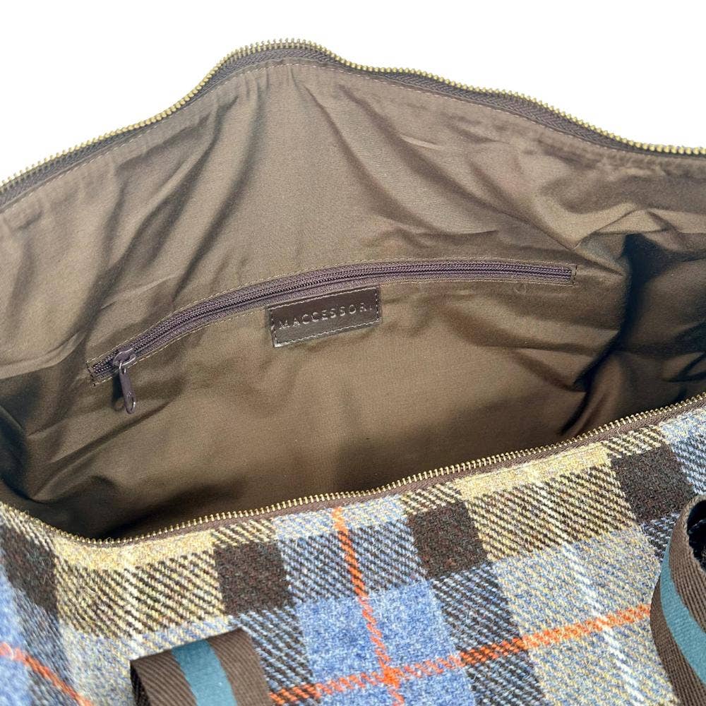 Harris Tweed Barrell Holdall Weekender Bag Blue Brown Check