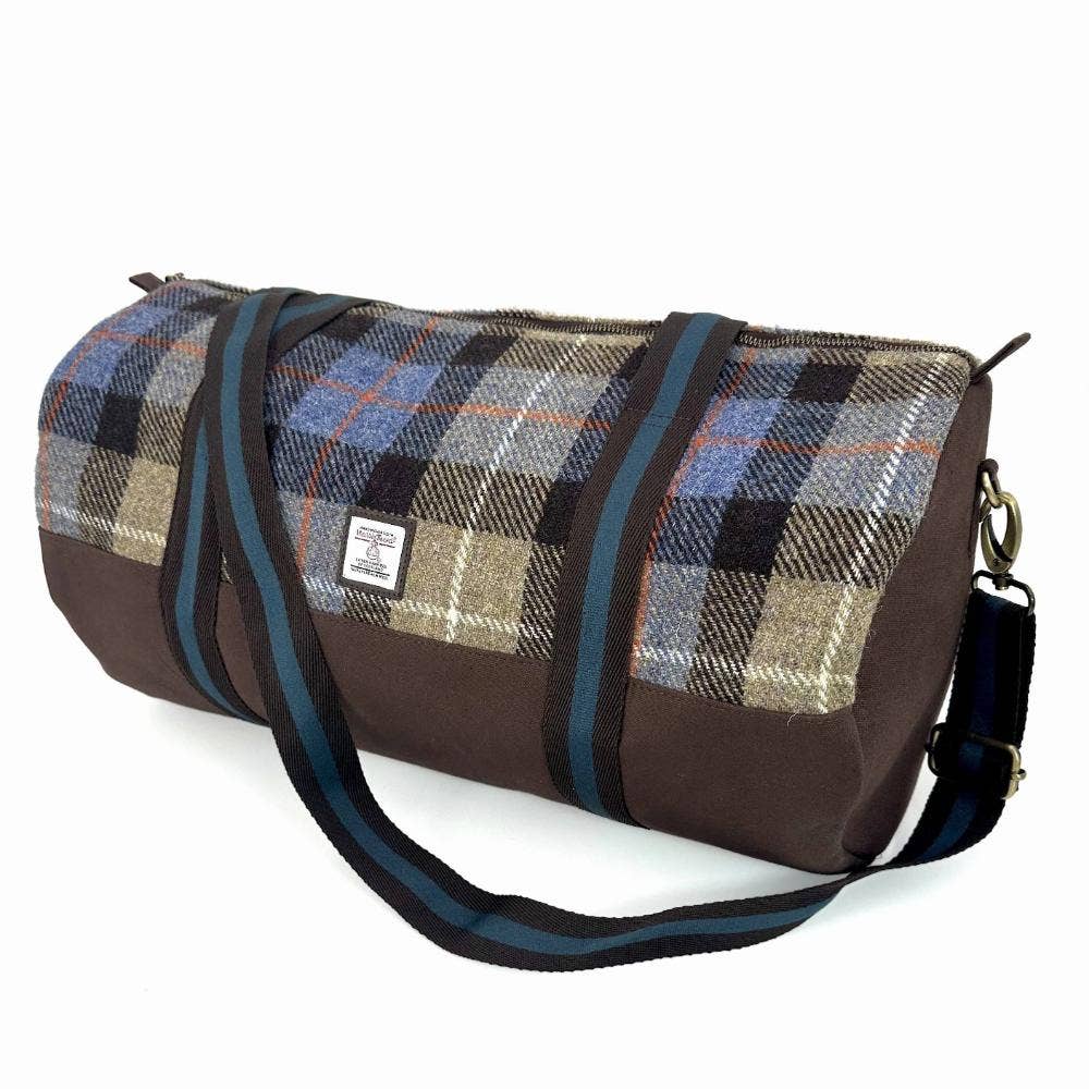 Harris Tweed Barrell Holdall Weekender Bag Blue Brown Check