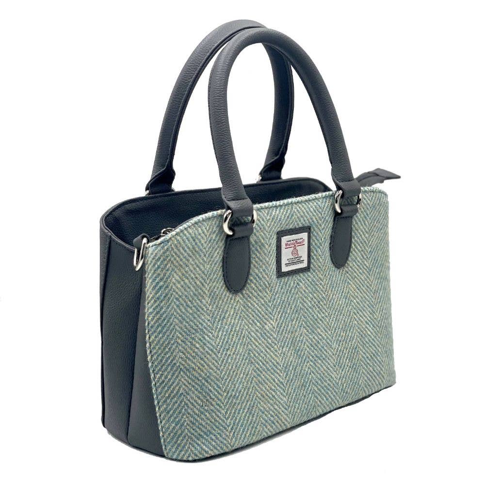 Harris Tweed Top Handle Bag Turquoise Herringbone