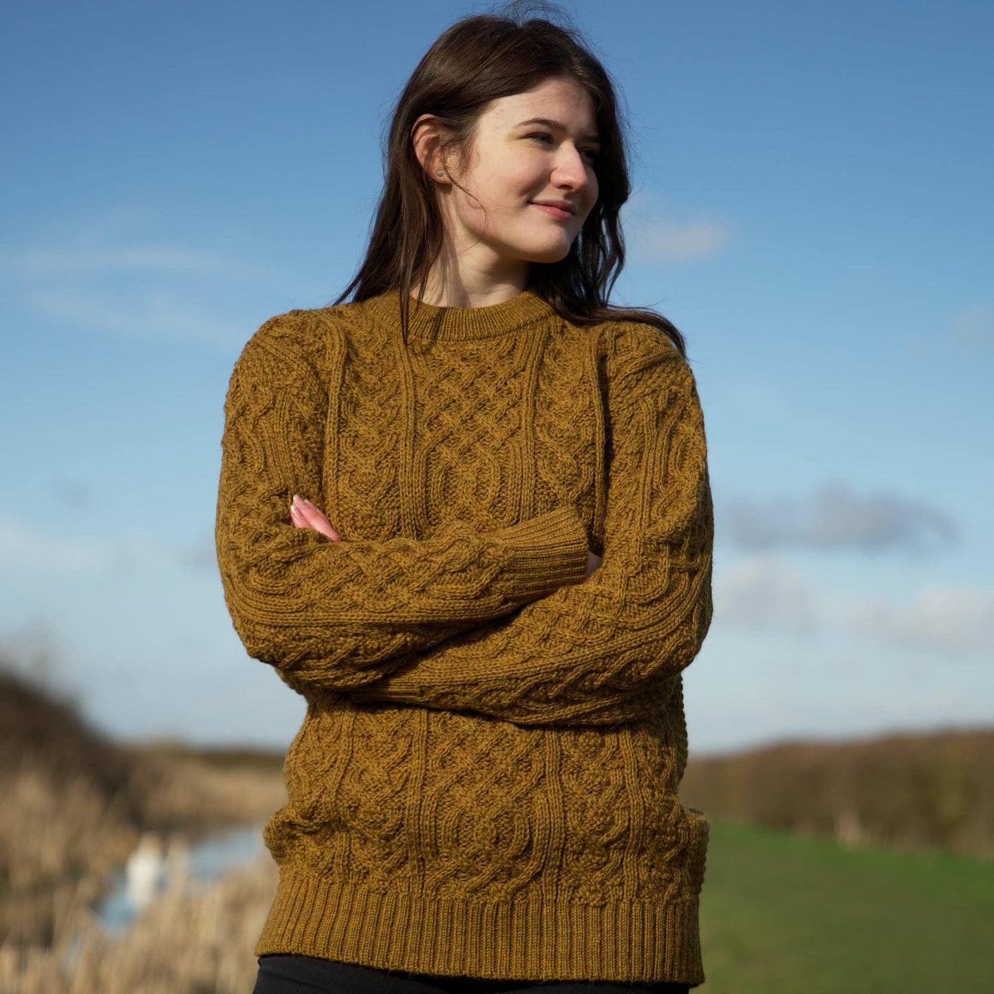 British Wool Aran Cable Jumper - Harvest