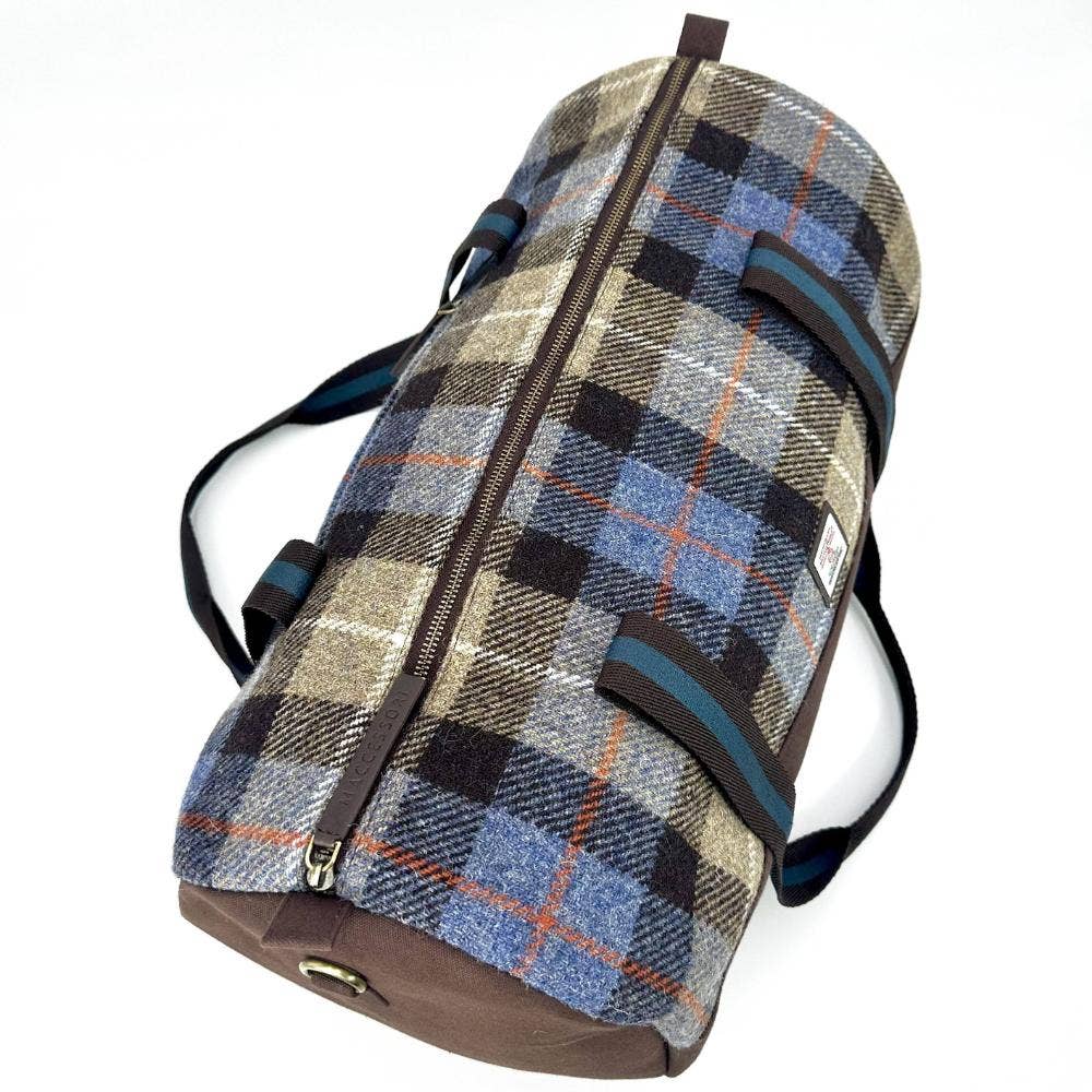 Harris Tweed Barrell Holdall Weekender Bag Blue Brown Check