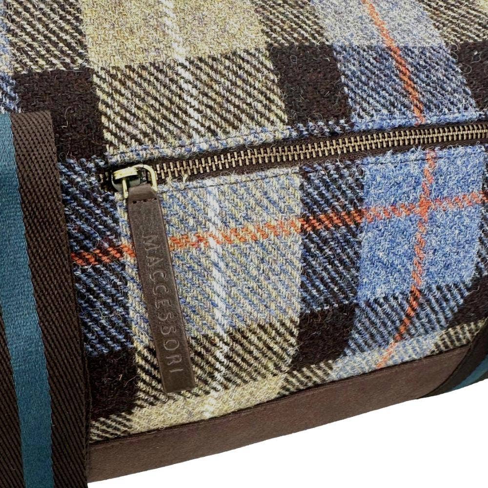 Harris Tweed Barrell Holdall Weekender Bag Blue Brown Check
