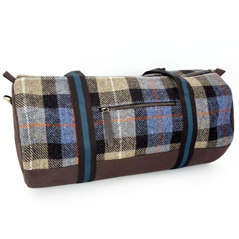 Harris Tweed Barrell Holdall Weekender Bag Blue Brown Check