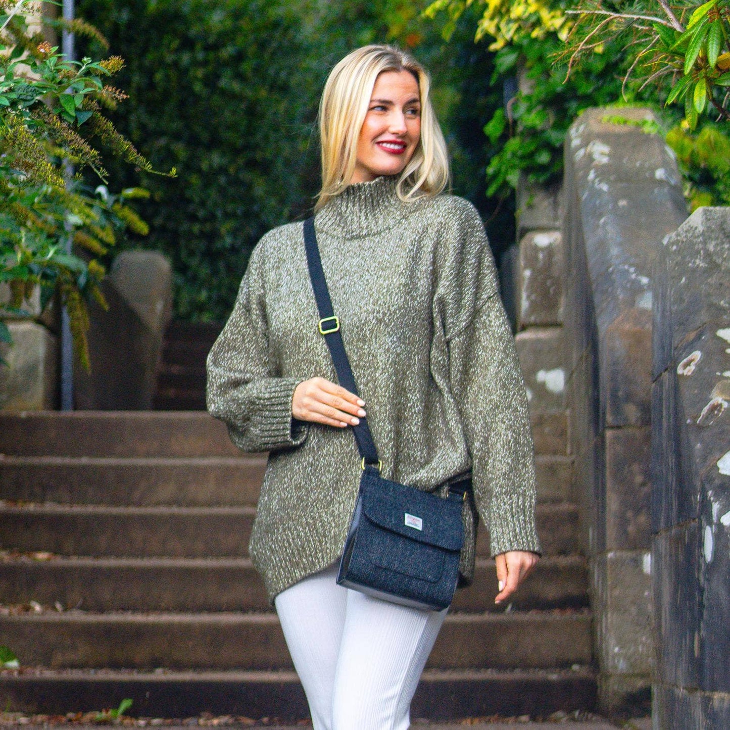 Harris Tweed Medium Satchel Bag Charcoal Herringbone